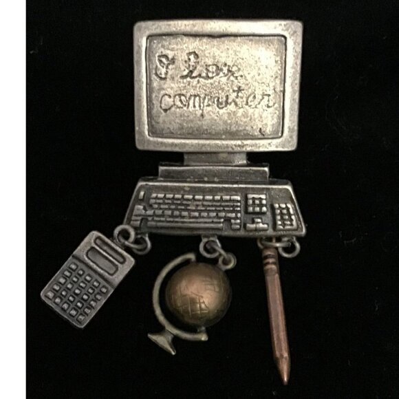 Rare Vintage designer JJ Jonette PEWTER  Teacher brooch pin w/ Dangle Globe/Calc - Picture 1 of 5
